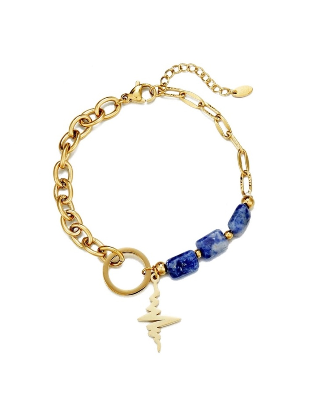 Gold Chain Bracelet with Blue Stone Beads and Lightning Charm